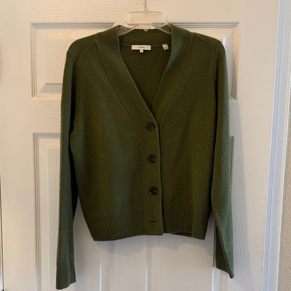 Vince Cashmere Dark Olive Button-Front V-Neck Cardigan